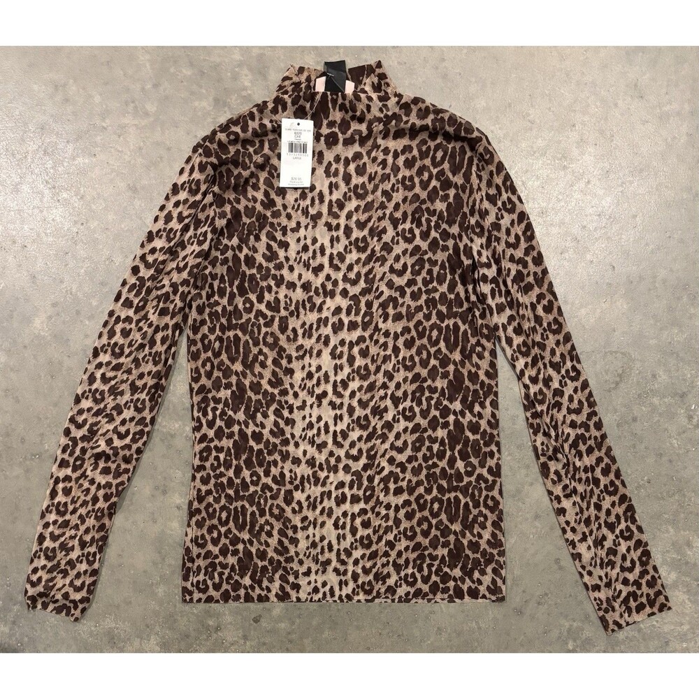 NEW willow root Cheetah Mesh Top Womens Large Sheer Mesh Mock Neck Long Sleeve